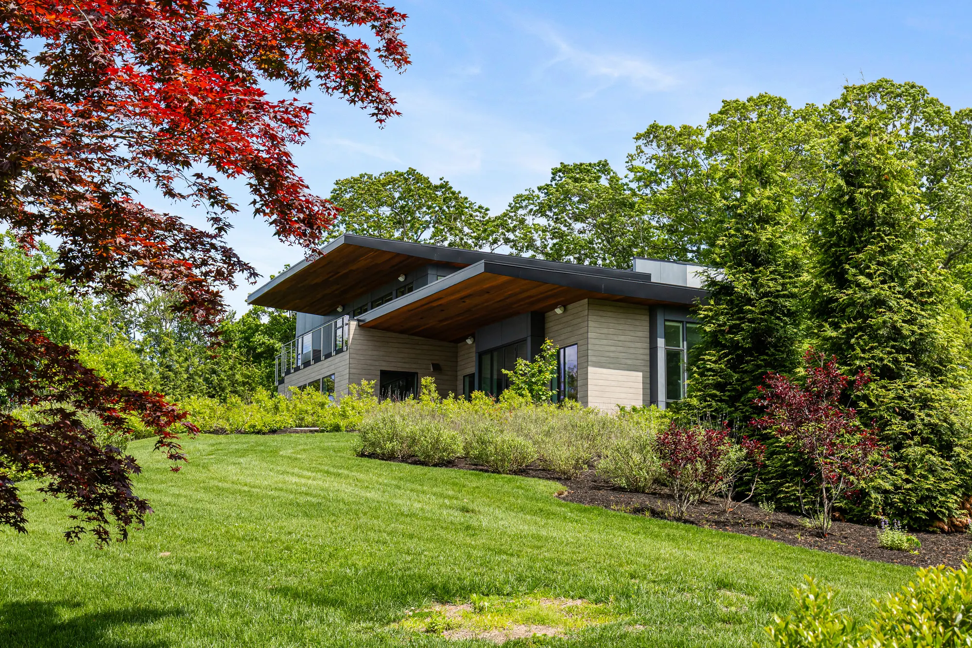 The house seen past a red-leaved maple, across the lawn and planting.