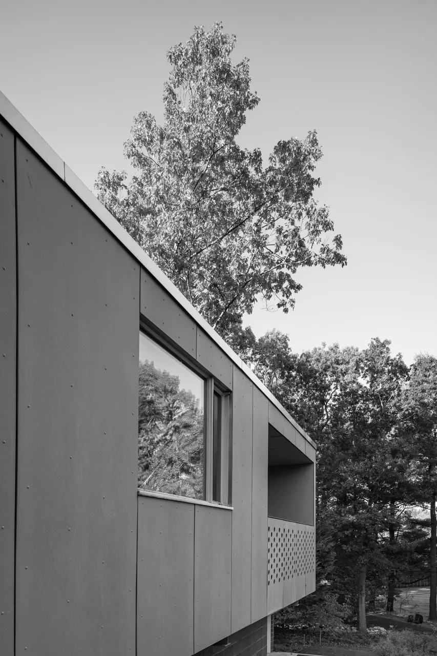 A corner of the upper storey against the trees: flat panel cladding, a deep-set window and a pierced screen.