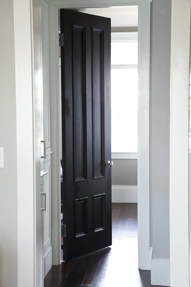 A tall panelled door painted black, standing open onto a white hall.
